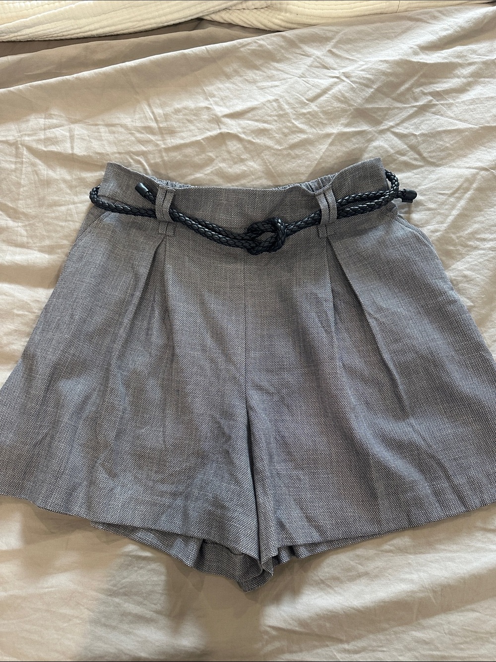 Calypso St. Barth Navy High-Waist Pleated Shorts with Braided Belt